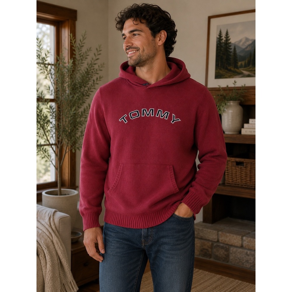 Tommy Hilfiger Y2K Knit Hoodie Sweater Spellout Red‎ Cotton L
